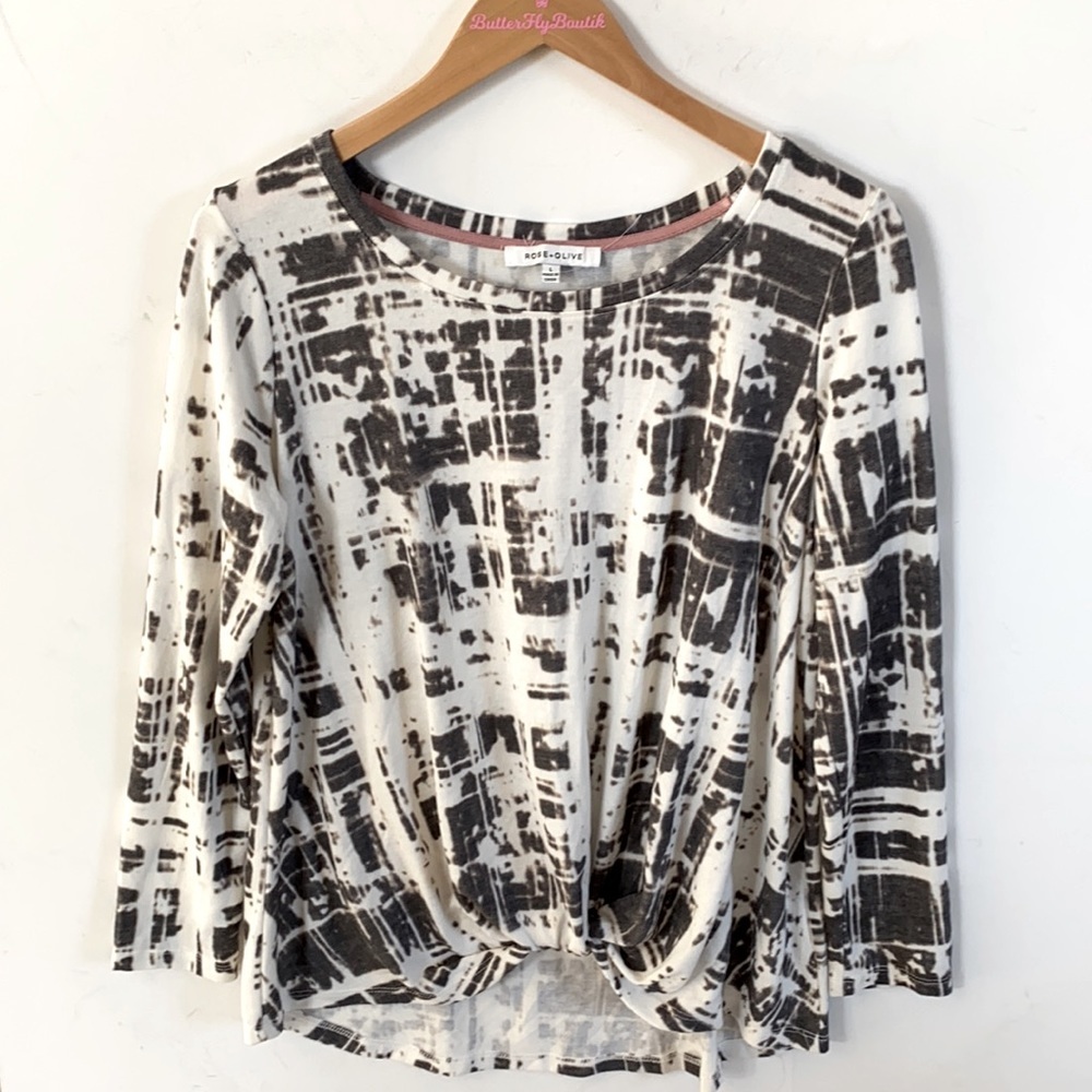 Rose + Olive Womens White & Gray Long Sleeve Scoop Neck High Low Hem Tunic Top L